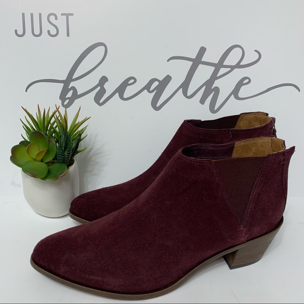 TRASK “TISHA” WINE SUEDE  ANKLE BOOTIES  SIZE 9